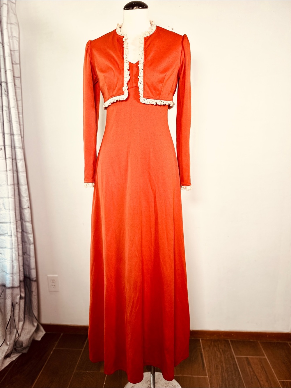 Vintage 70s Burnt Orange Halter Maxi Dress Shrug Jacket Lace Trim Poly XS/S